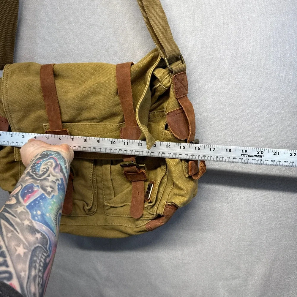 S.C. Cotton Military Messenger Bag Khaki Canvas Leather Trim Crossbody Satchel